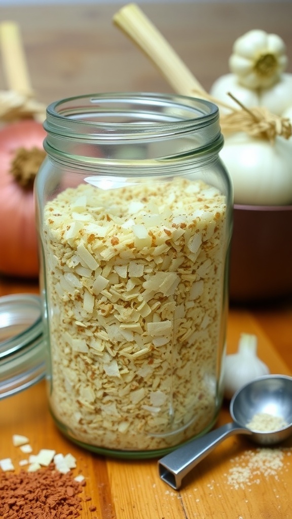 A jar of homemade onion soup mix with dried onions and spices, alongside fresh onions and garlic.